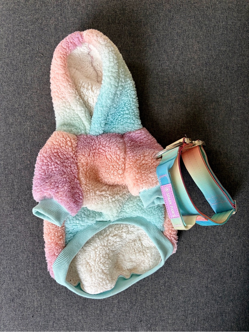 Spark Paws Pastel Rainbow Sherpa Dog Hoodie with Comfort Control Collar